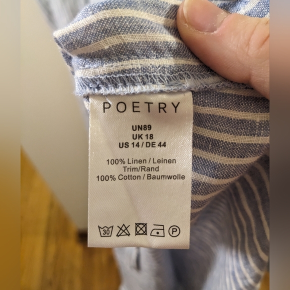 Poetry 100% Linen Blue and White Striped Preppy Modern Beachy Maxi Dress sz 14 - Picture 6 of 10